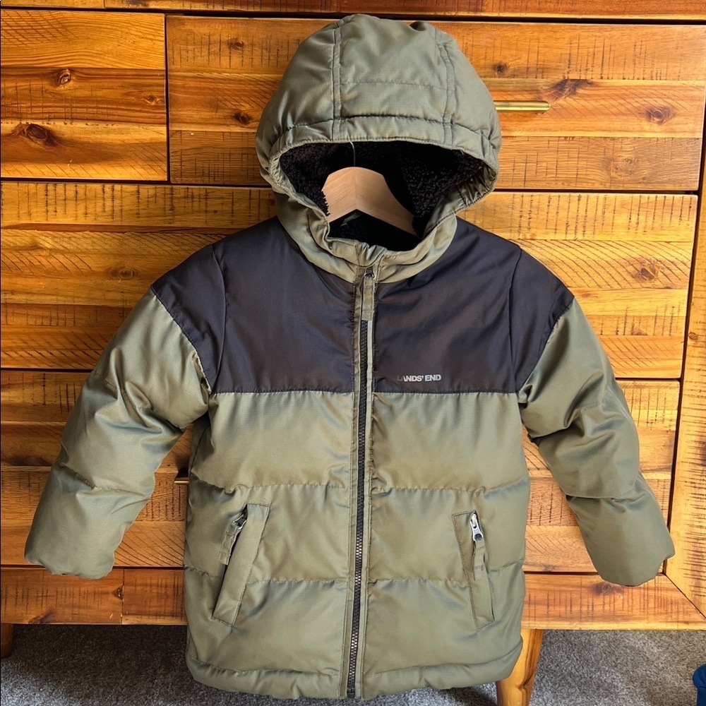 Lands' End Green and Black Hooded Jacket Boys Fleece Lined Coat